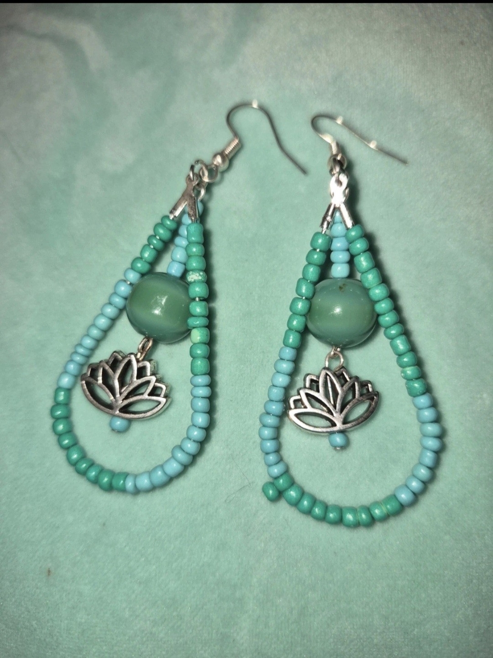 Beaded Lotus Earrings in Green & Blue Like New